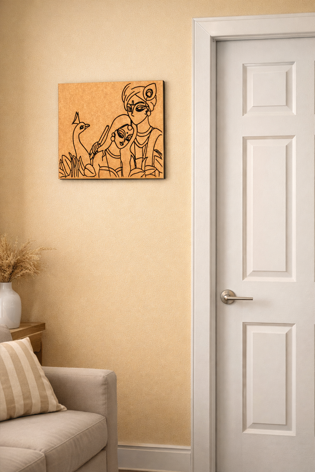 Wooden MDF DIY wall art of a figure with a peacock on a beige wall next to a white door.