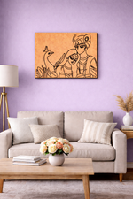 Living room with a beige sofa, wooden coffee table, and a decorative MDF DIY wall art piece on a purple wall.