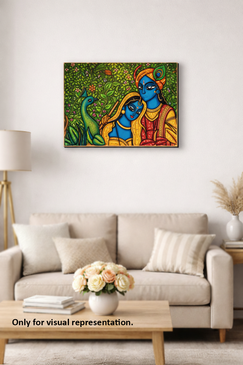 MDF DIY Colorful painting of two figures on a wall above a beige sofa with a lamp and flowers on a table.