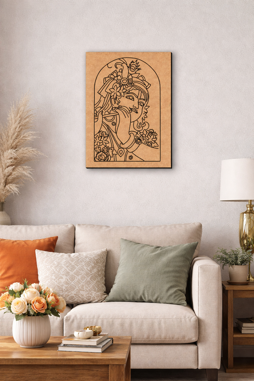MDF DIY krishna wall art on white wall.