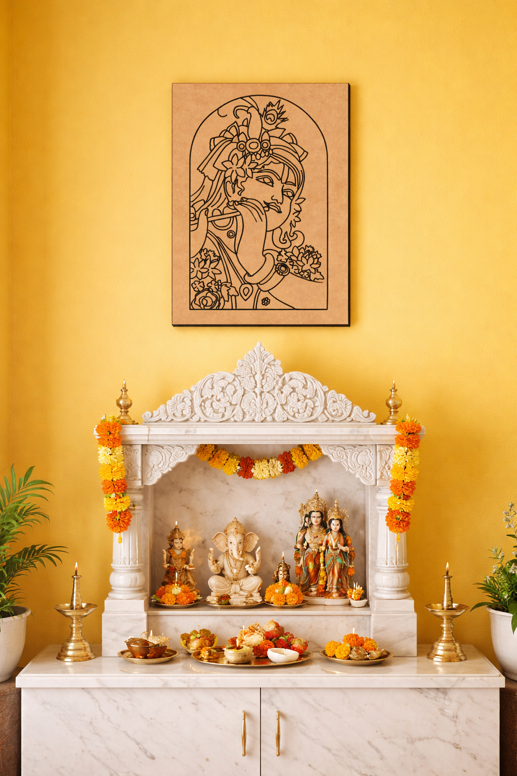 Decorative MDF DIY wall art  with statues and offerings against a yellow wall with a framed artwork.