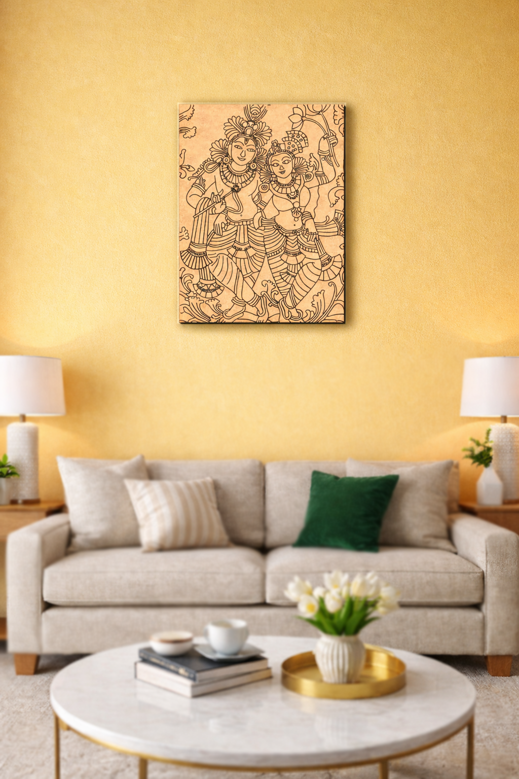 MDF DIY wall art on yellow wall.