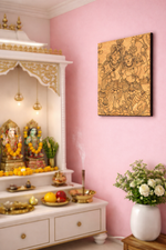 MDF DIY wall art , mandir , flower pot and picture on pink wall.