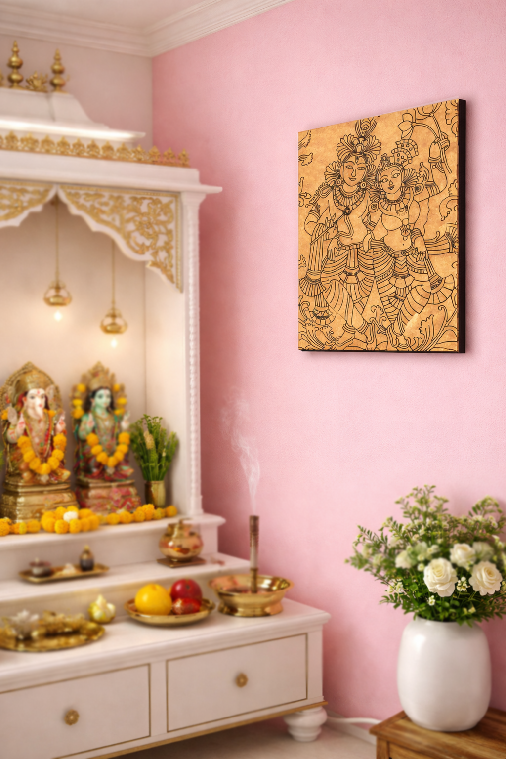 MDF DIY wall art , mandir , flower pot and picture on pink wall.