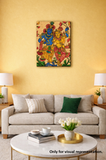 radha krishna MDF DIY wall art on yellow wall.