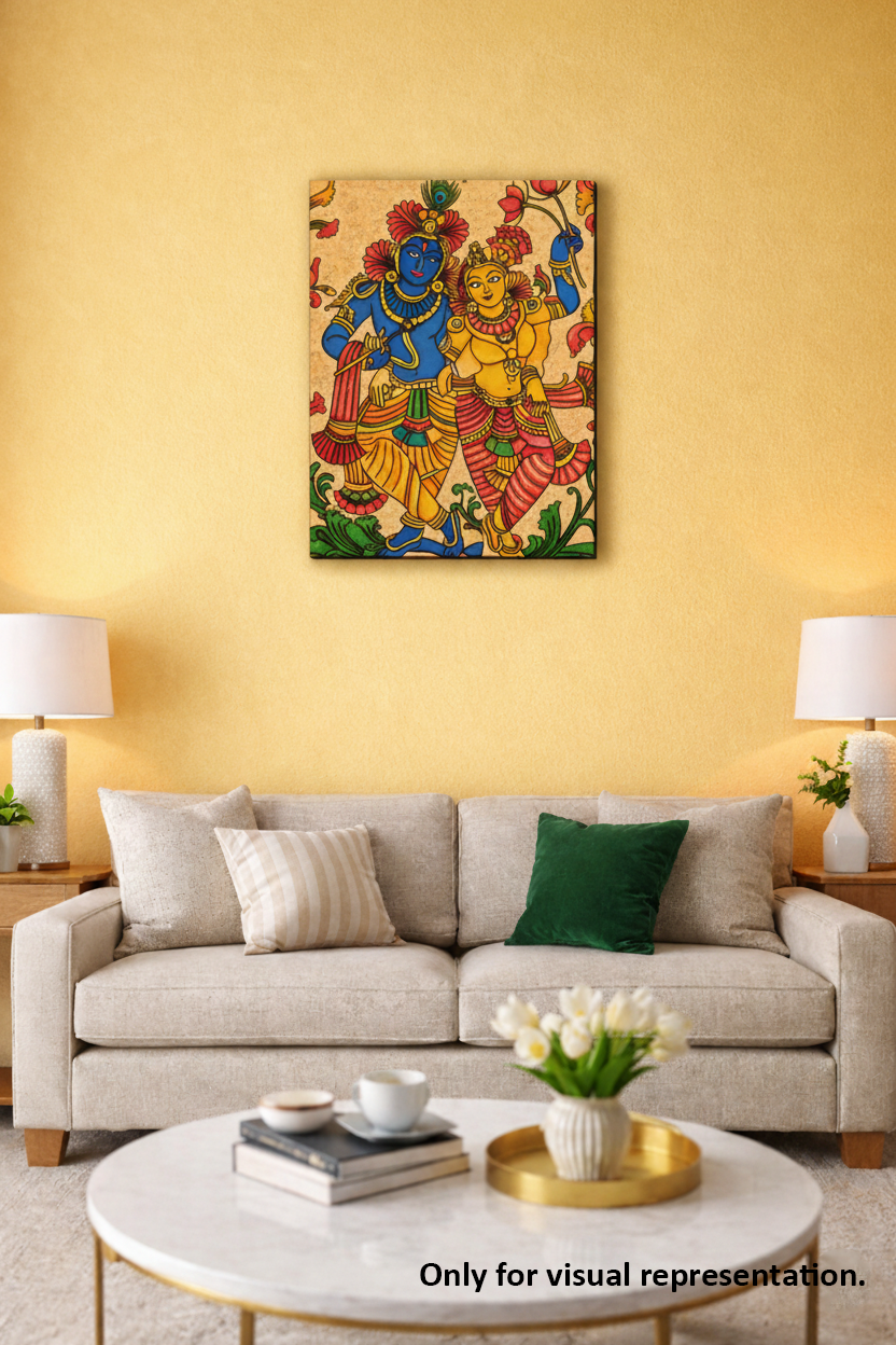 radha krishna MDF DIY wall art on yellow wall.