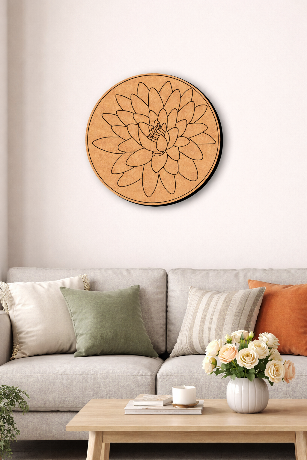 Decorative MDF DIY wall art with a floral design above a sofa in a living room