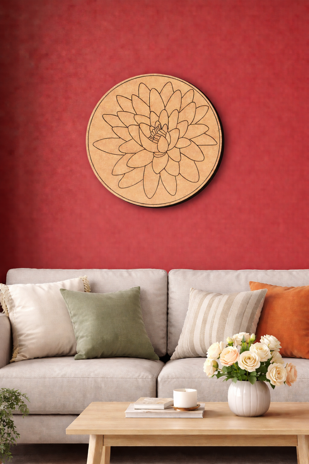 Decorative MDF DIY wall art with a floral design on red wall.