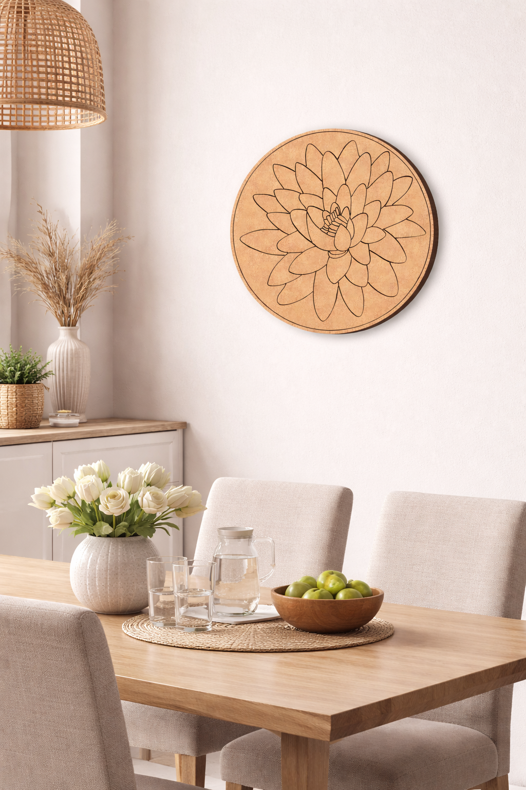 Dining room with wooden table, chairs, and decorative MDF DIY wall art.