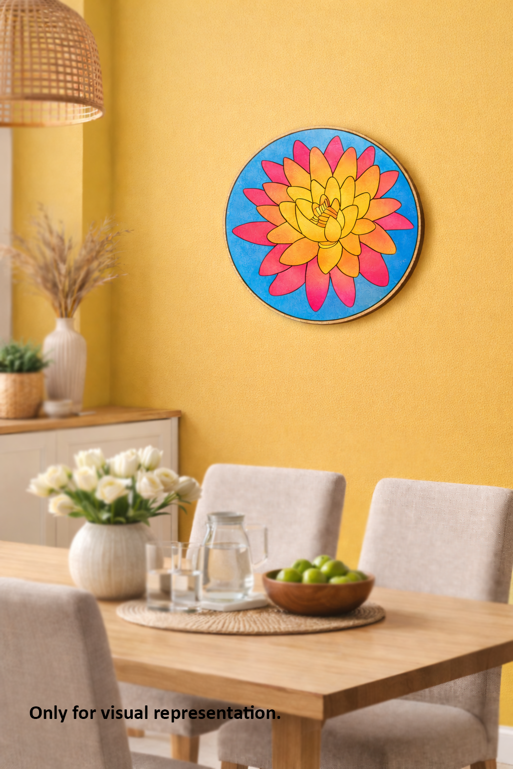 Colorful MDF DIY wall art piece on a yellow wall above a dining table.