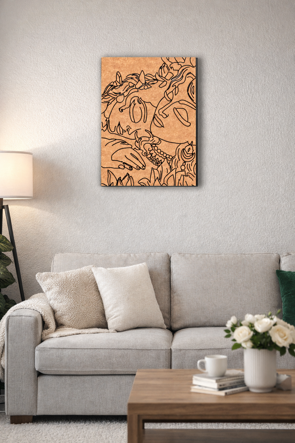 Abstract  MDF DIY wall art above a gray sofa in a living room setting.