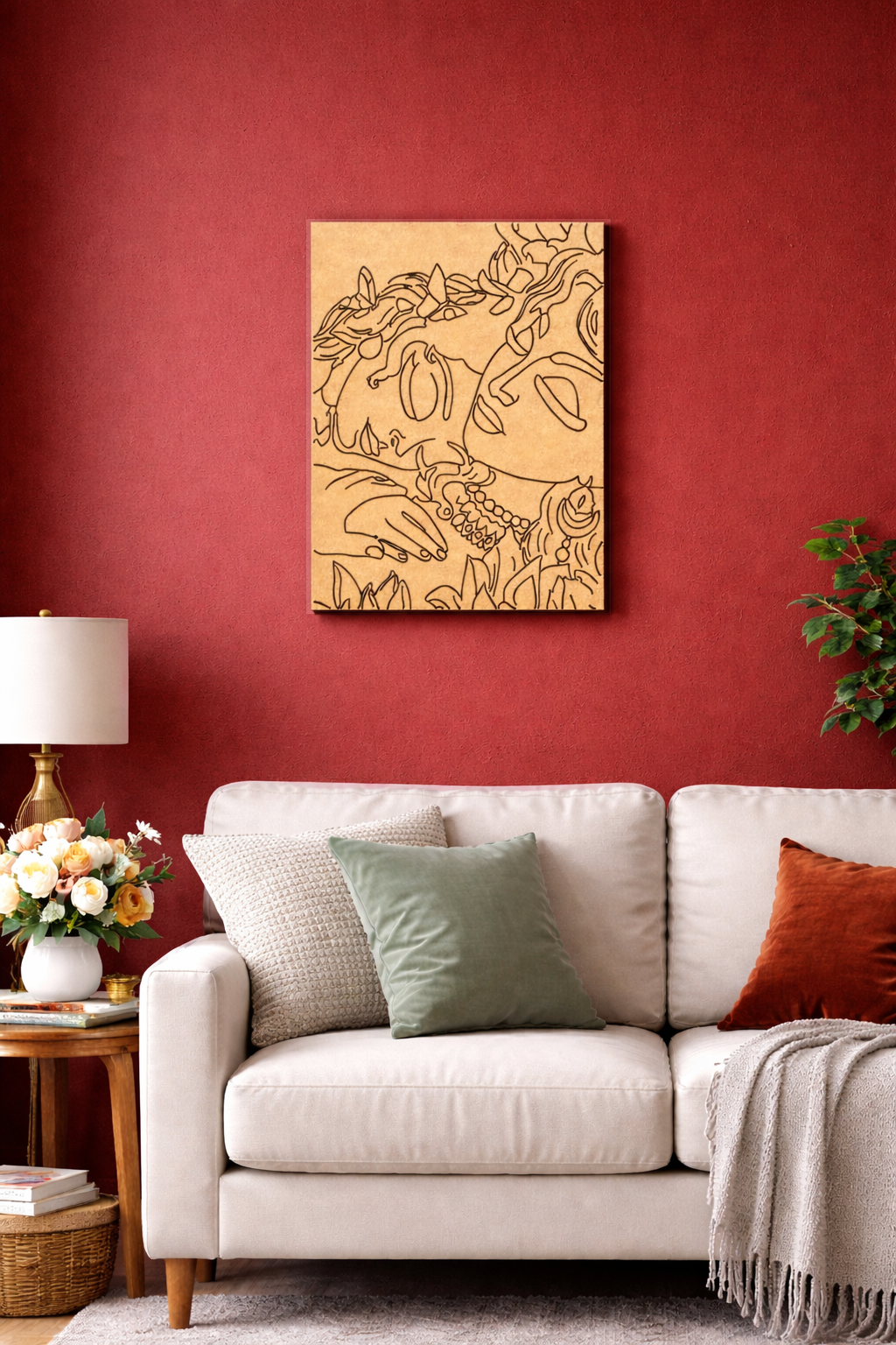 Living room with a beige sofa, decorative pillows, and a red wall with abstract art.