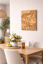  MDF DIY wall art on plain white wall.