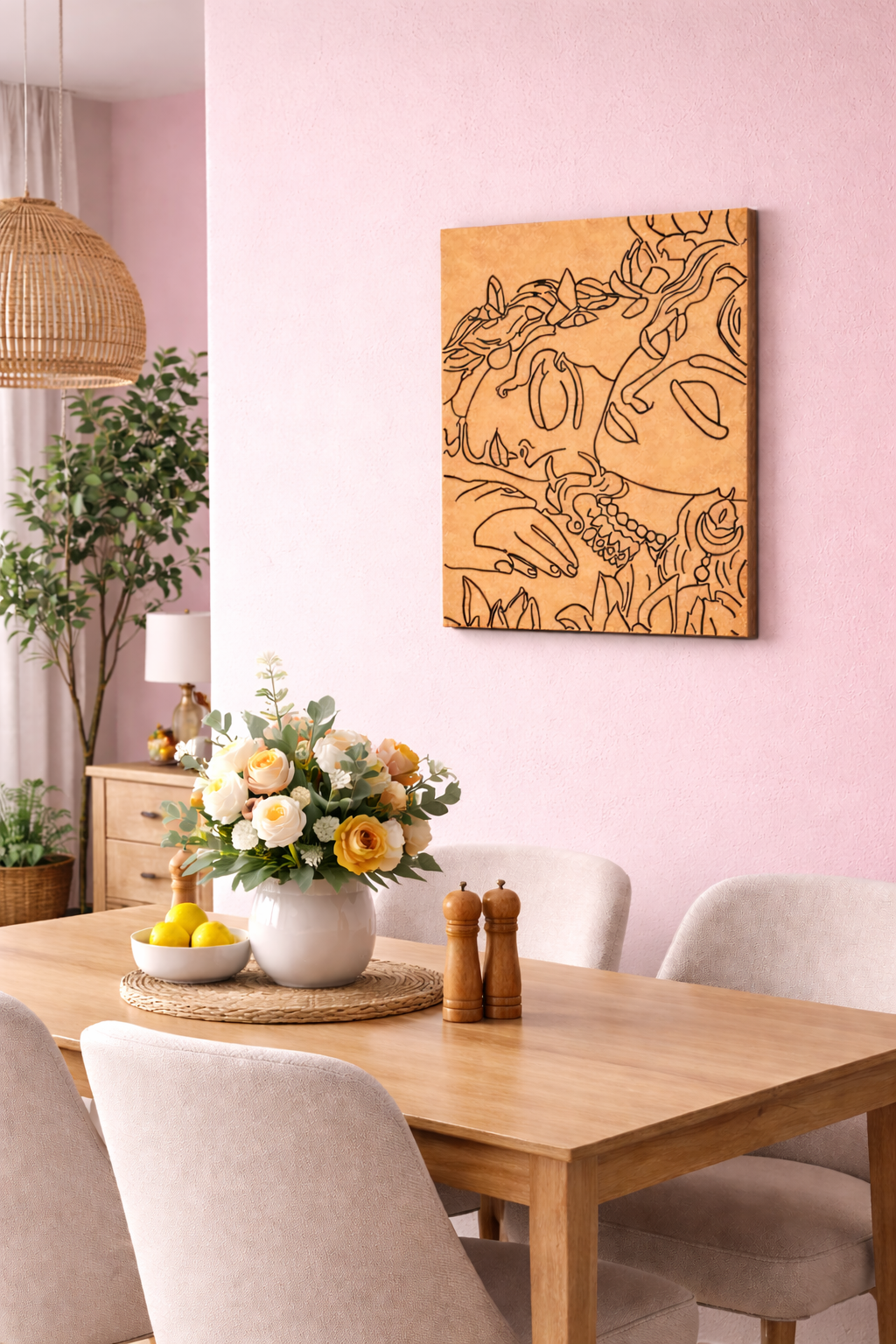  MDF DIY wall art on pink wall.