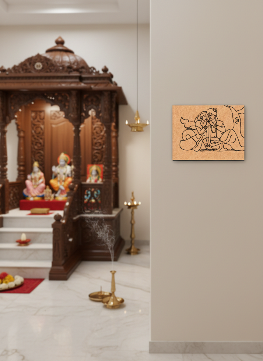  MDF DIY  wall art Pooja room with wooden altar, idols, and decorative elements.