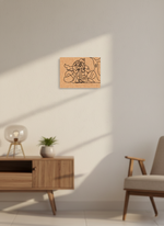 Modern interior with wooden cabinet, chair, and abstract  MDF DIY wall art.