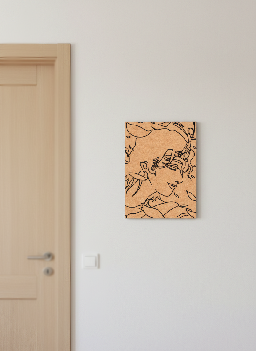 Canvas print with abstract line art of a man face on a white wall next to a door.