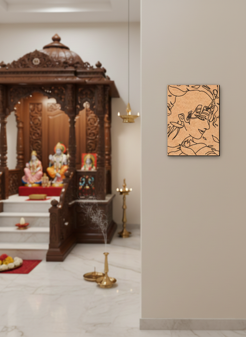 Traditional wooden deity altar with religious statues in a home setting, featuring a  MDF DIY wall art piece.