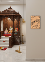 Traditional wooden deity altar with religious statues in a home setting, featuring a  MDF DIY wall art piece.
