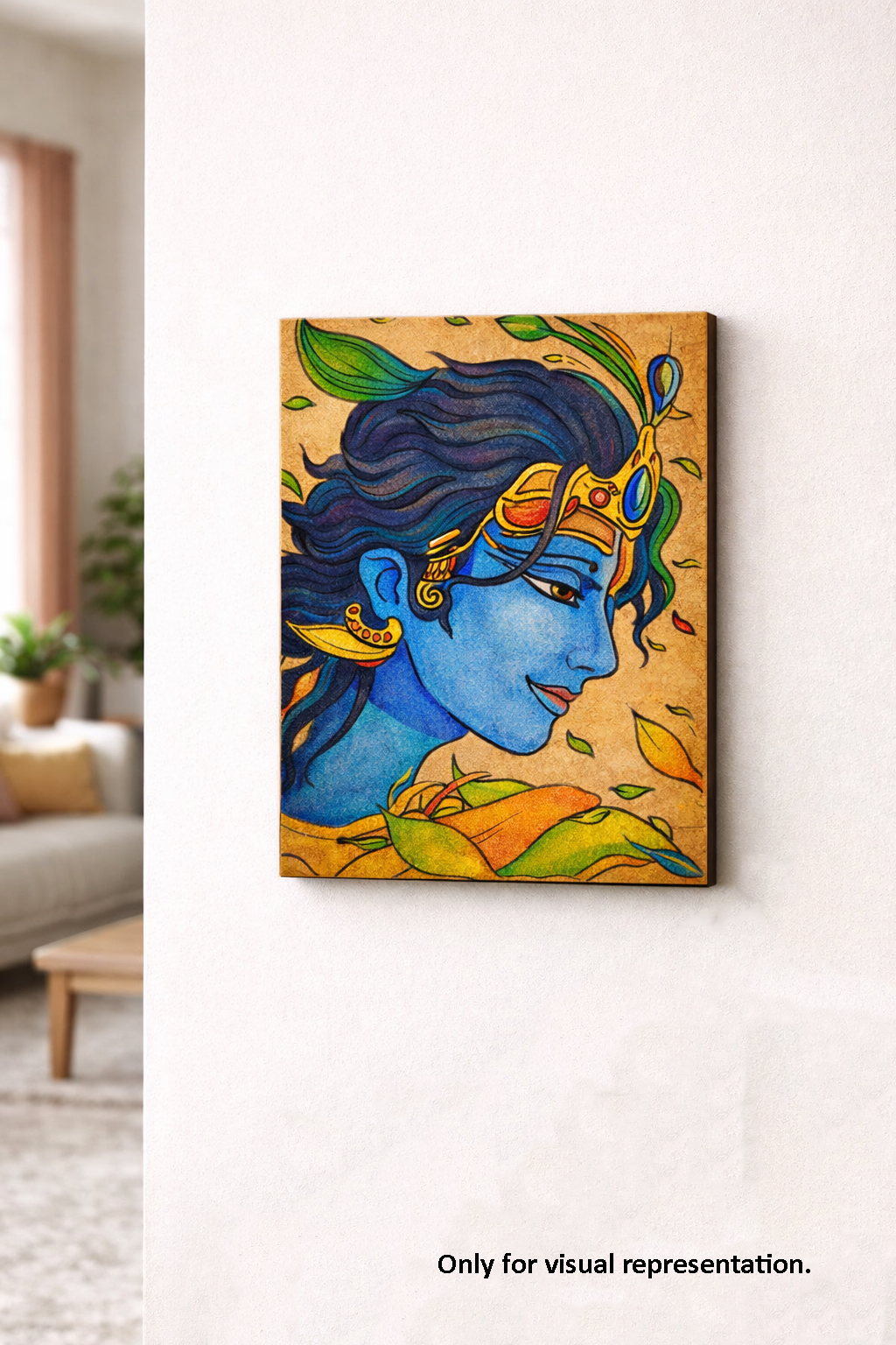  MDF DIY Colorful painting of a stylized face on a wall in a living room.