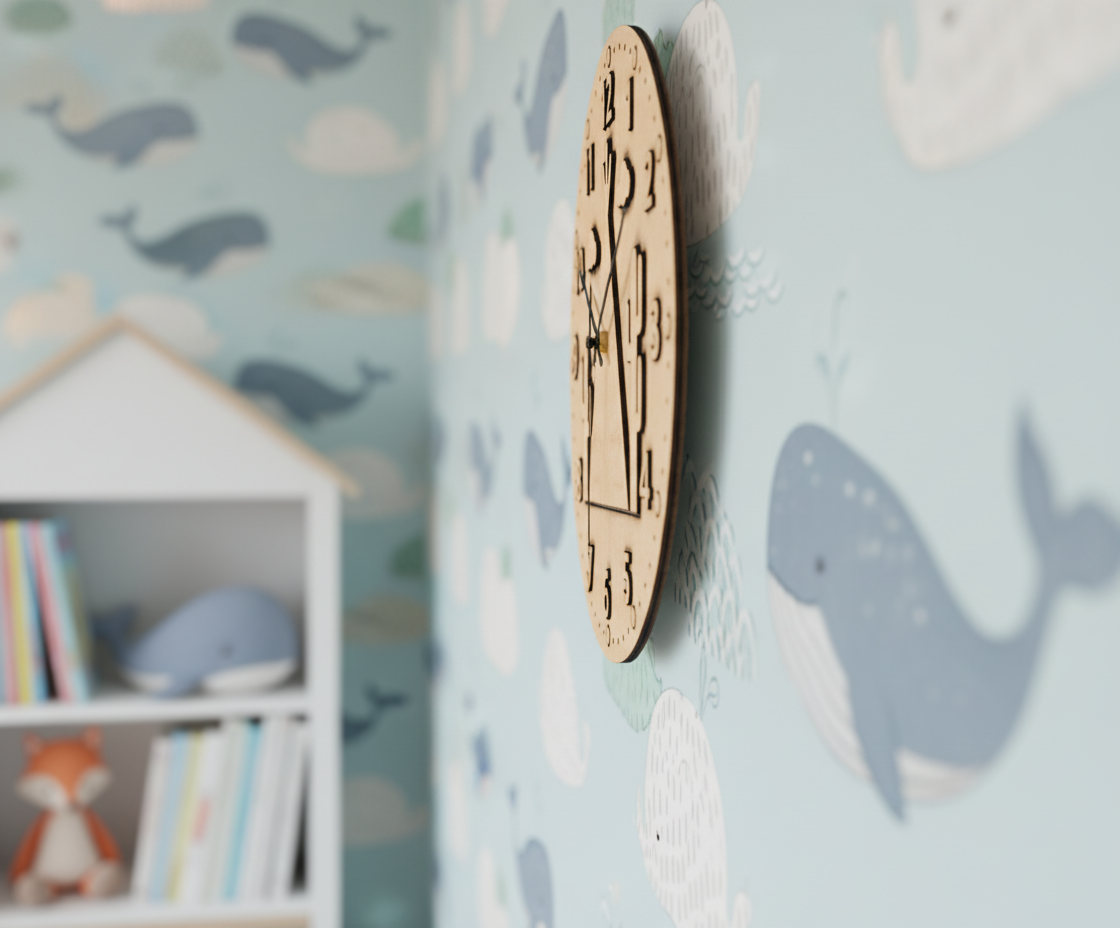 MDF DIY Wooden wall clock on a wall with whale patterns.