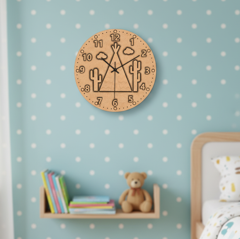 MDF DIY Wooden wall clock with cactus design on a blue wall with white polka dots, books, and a teddy bear in the background.