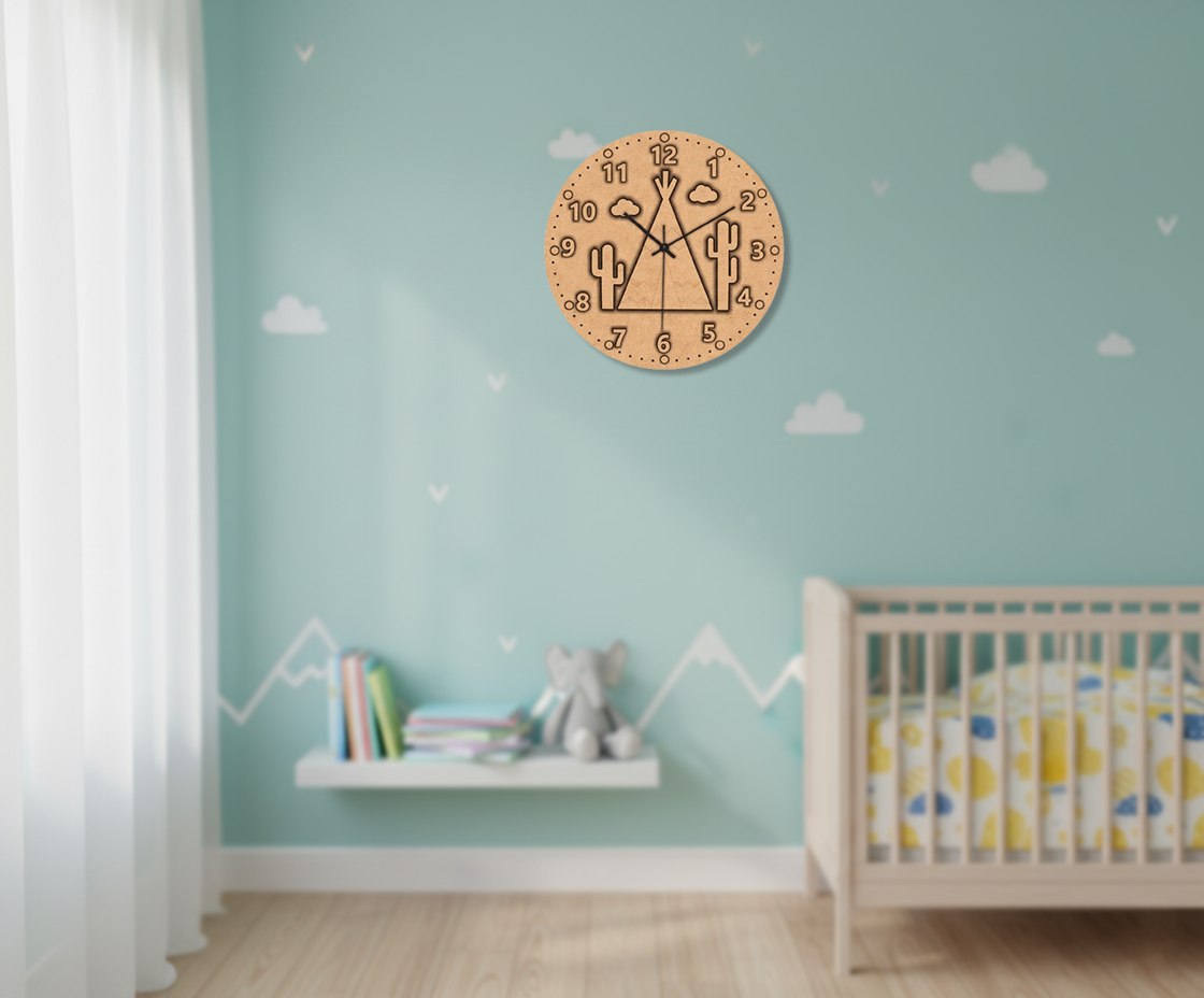 MDF DIY Wooden wall clock on a light blue wall with children's decor in a room.