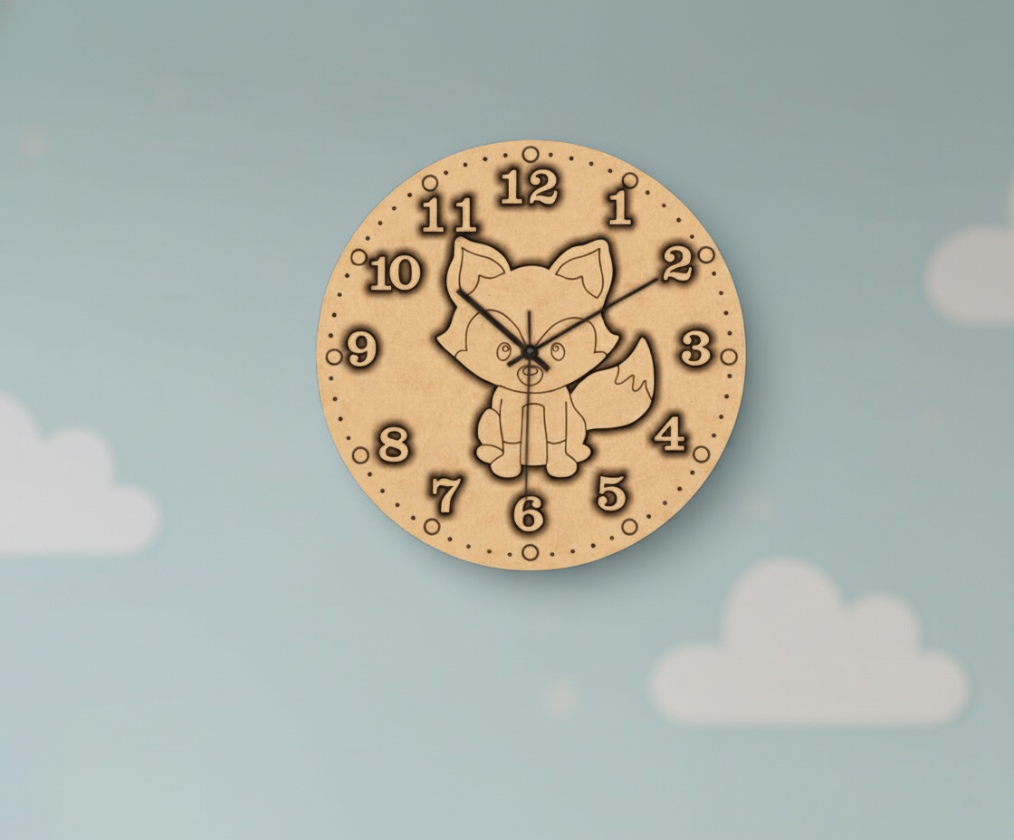 MDF DIY wall clock with fox design on a light blue background.