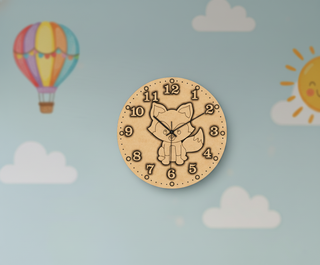 MDF DIY Clock with fox design on a pastel blue background with hot air balloon and sun illustrations.