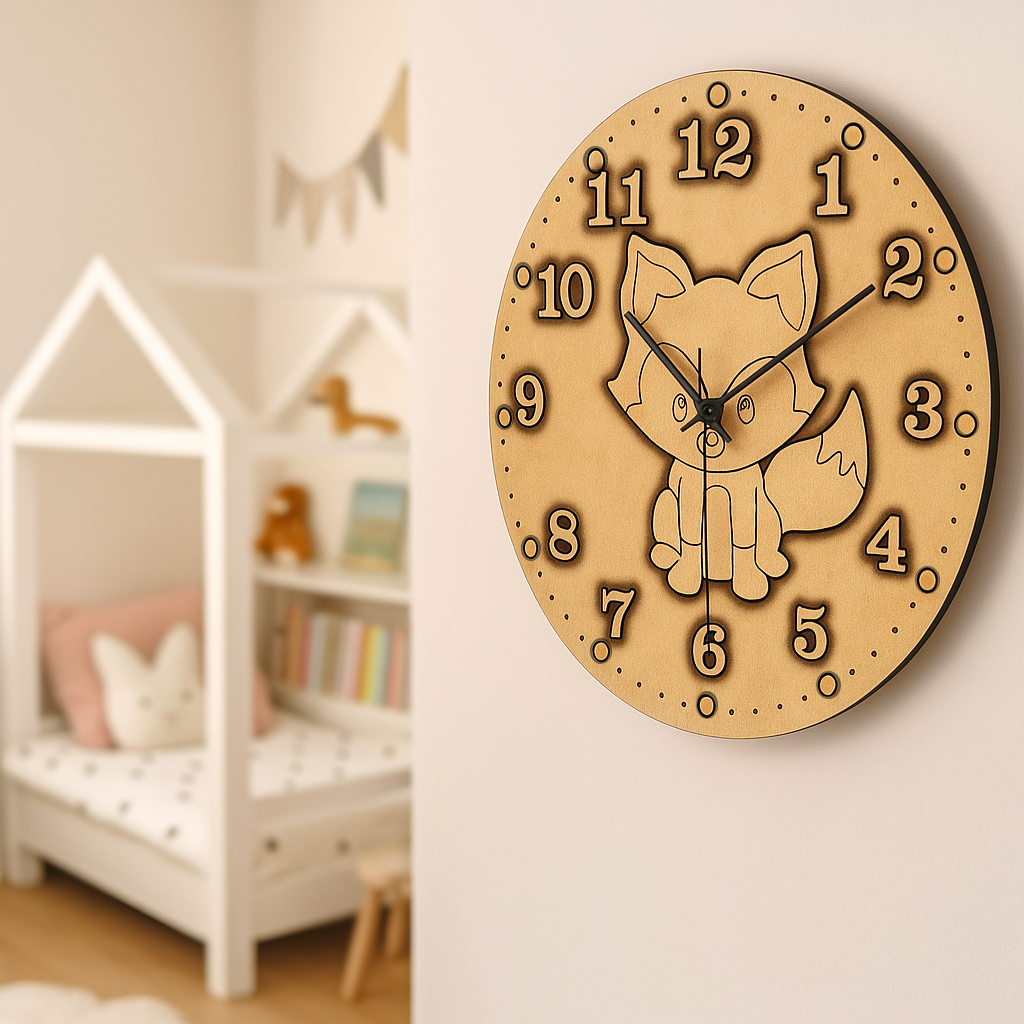 MDF DIY  clock with fox design on a wall in a child's room.