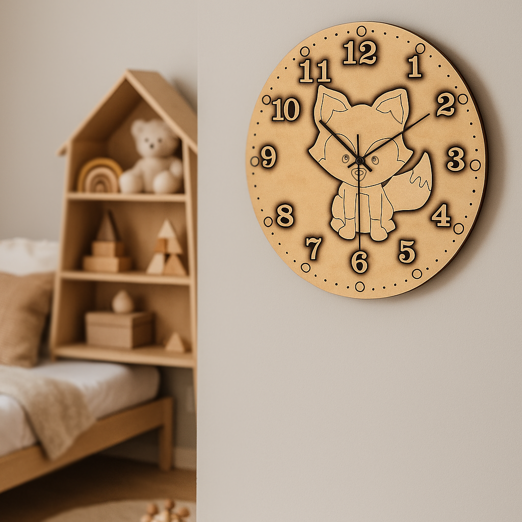 MDF DIY Wooden wall clock with fox design in a child's room