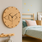 Wooden wall clock on a light gray wall with a bedroom in the background.