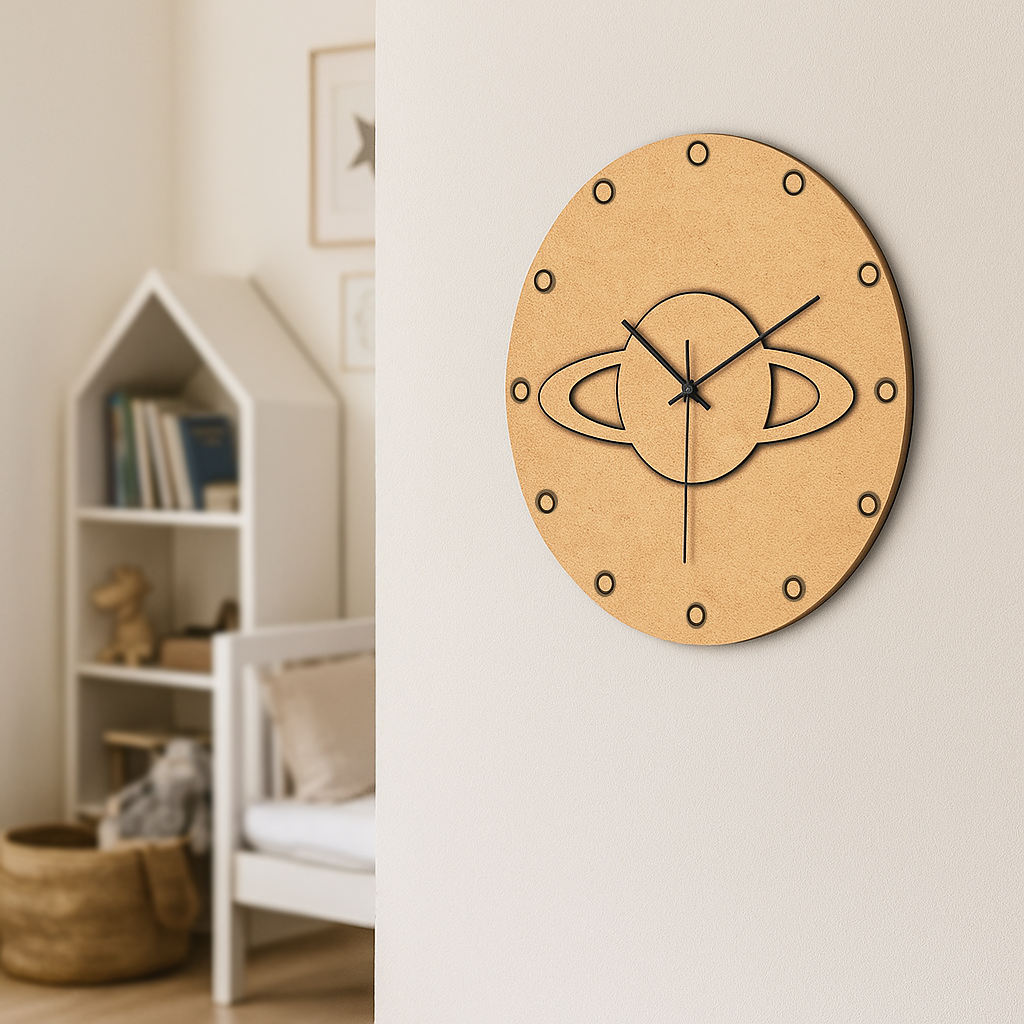 MDF DIY  wall clock with decorative design on a light-colored wall.
