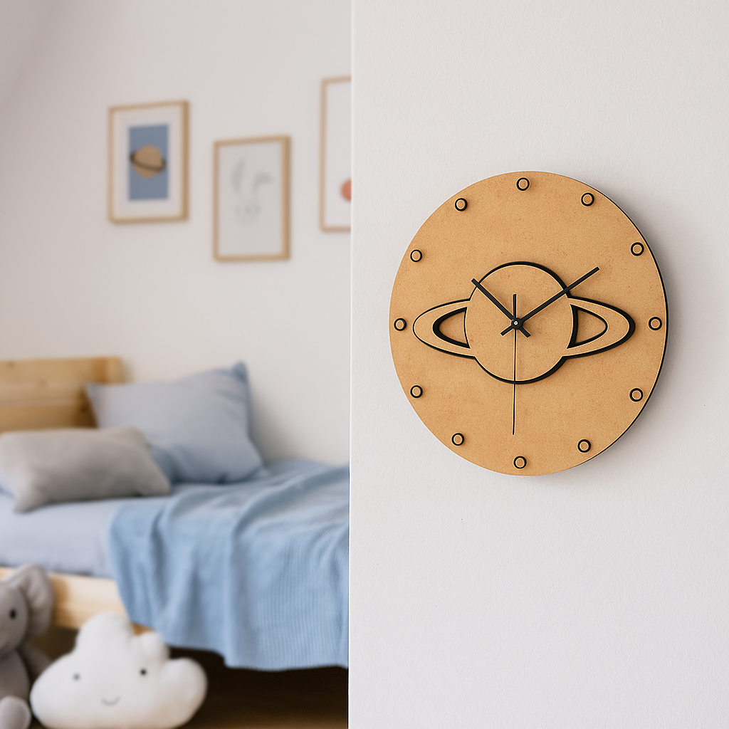 MDF DIY  wall clock with decorative design on a white wall above a bed in a bedroom.