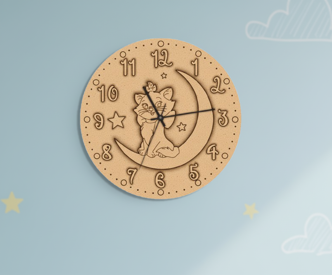 MDF DIY  clock with cat design on a light blue background
