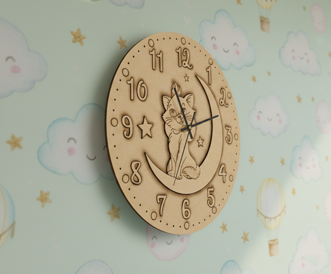MDF DIY  wall clock with cat design on a pastel cloud-patterned background.