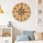 MDF DIY  wall clock with compass design in a room with a bed and shelves.