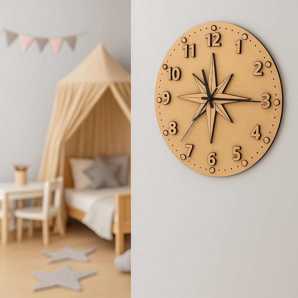 MDF DIY  wall clock with star design on a light gray wall, next to a child's play area with a tent and table.