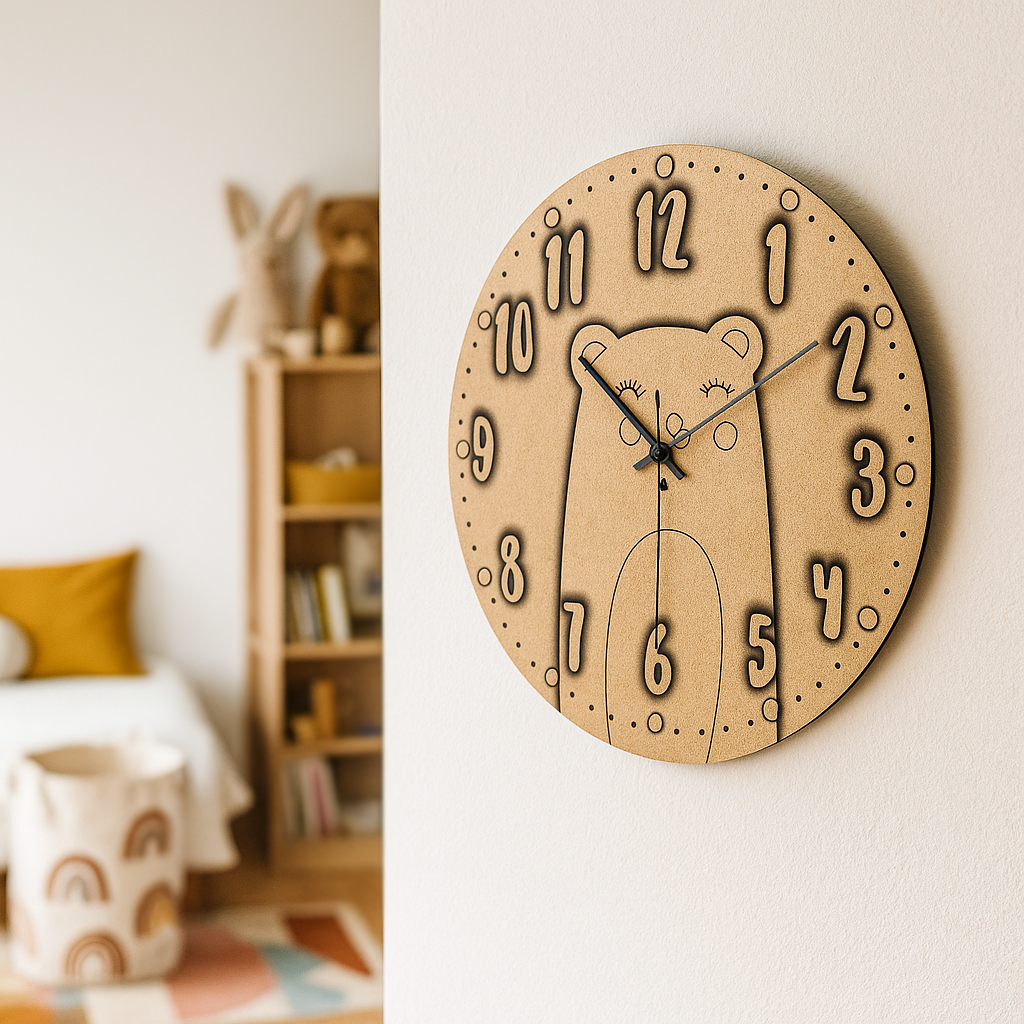MDF DIY wall clock with bear design on a wall in a room.