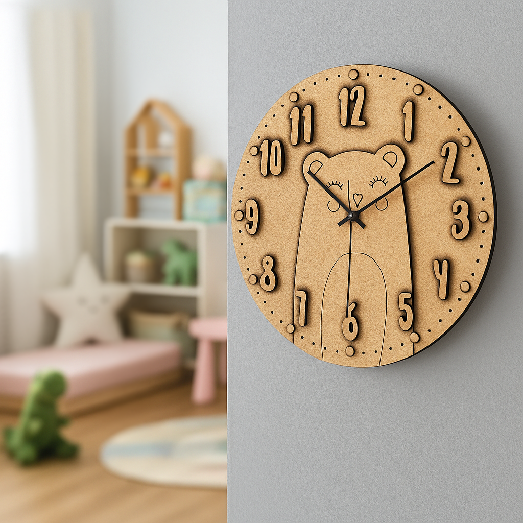 MDF DIY wall clock with bear design on a gray wall, room in the background.