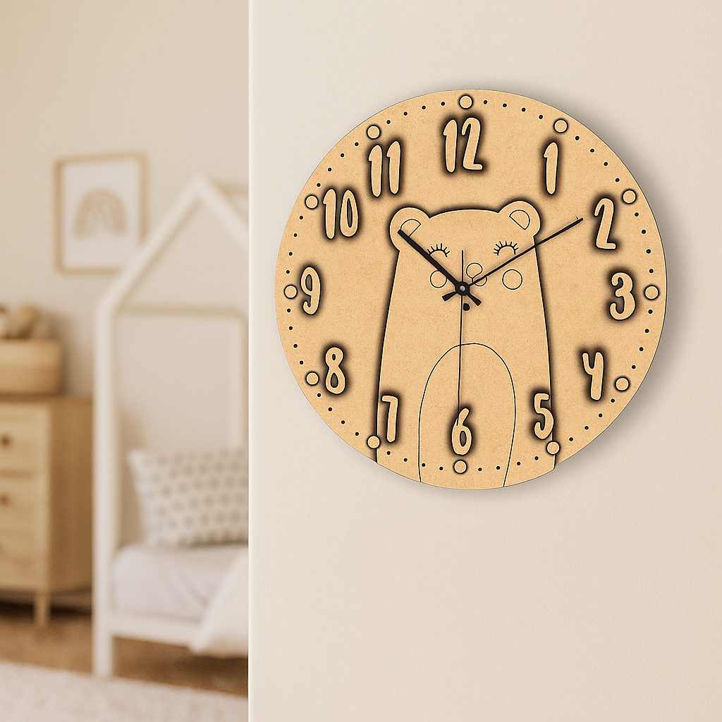 MDF DIY  wall clock with bear design on a wall in a room.