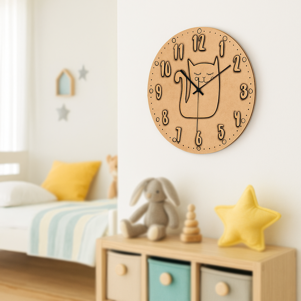 Wooden wall clock with cat design on a wall in a child's room.