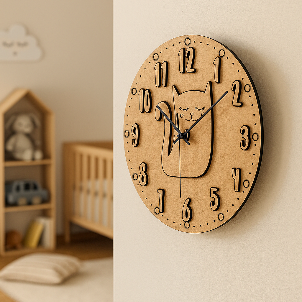 MDF DIY  wall clock with cat design in a nursery setting