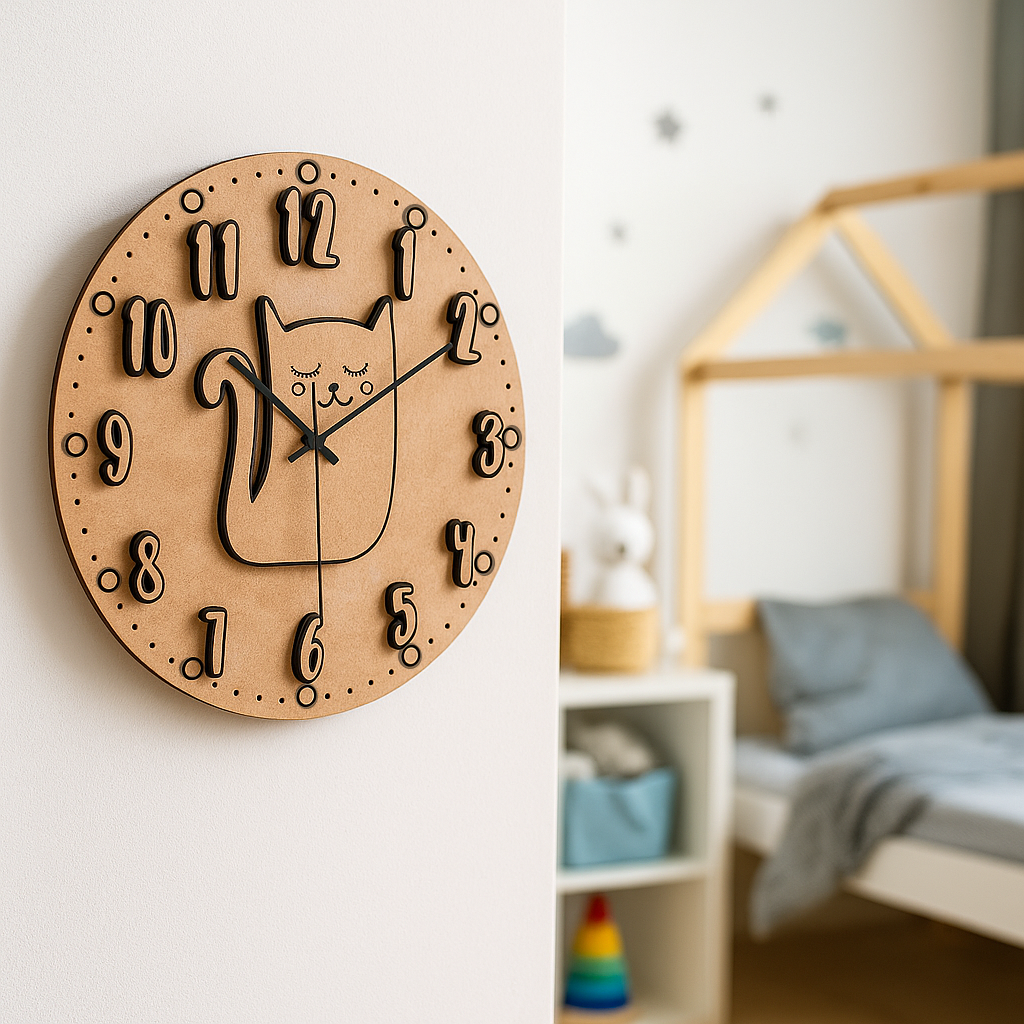MDF DIY wall clock with cat design on a wall in a room with a child's bed and toys.