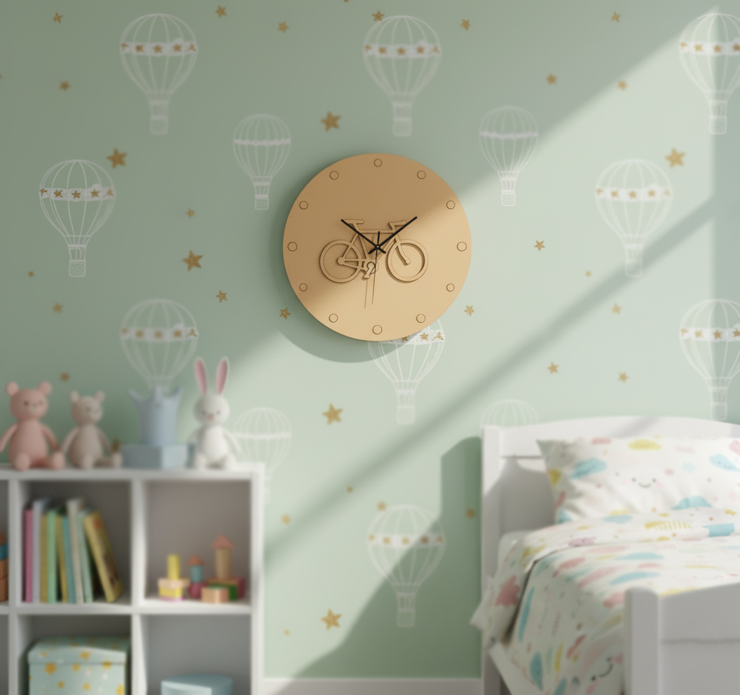 Children's room with a MDF DIY  clock on a green wall featuring hot air balloons and stars.