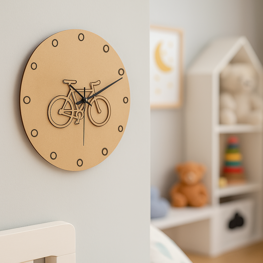 MDF DIY  wall clock with bicycle design in a child's room