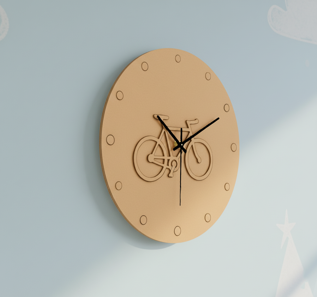 MDF DIY wall clock with bicycle design on a light blue background
