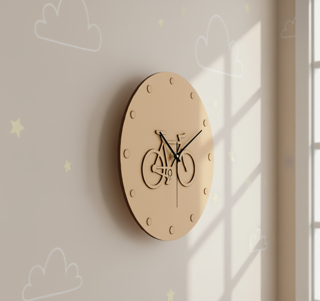 MDF DIY  wall clock with bicycle design on a light gray wall.
