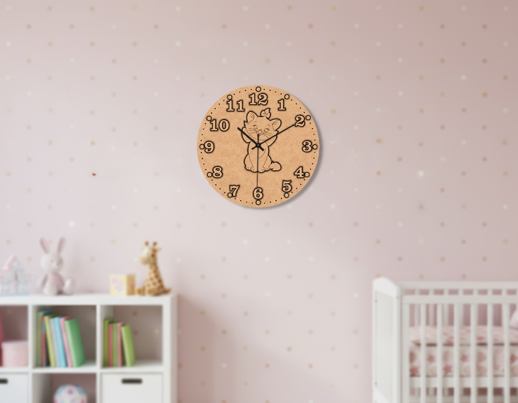 Wooden wall clock with cartoon character on a light pink wall in a nursery.