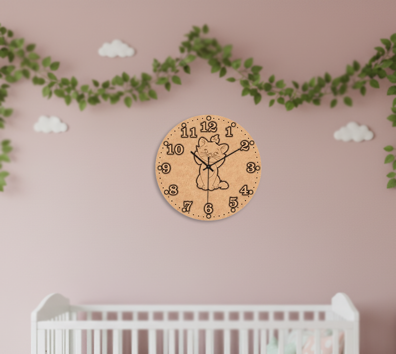 MDF DIY clock with a cat design on a pink wall with green vines and white clouds.